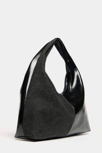Madamra Women's Black Suede and Patent Leather Contrast Design Shopper Shoulder Bag – Soft Form Vintage Model