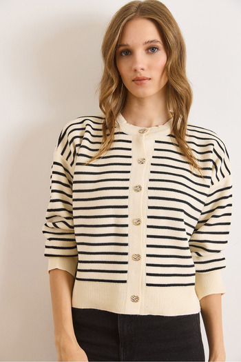 Olalook Women's White Black Stripe Detailed Cycling Cardigan Knitwear Cardigan Hrk-19000412