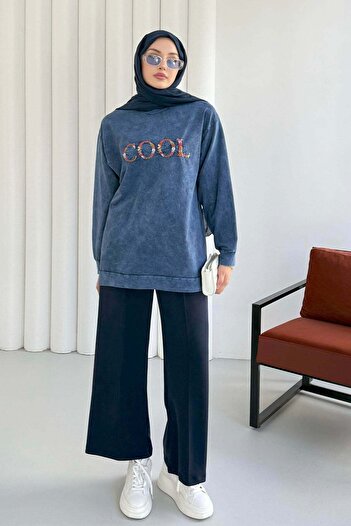 Hatun Atila Crew Neck Embroidered Front Washable Tunic 8920 - Blue