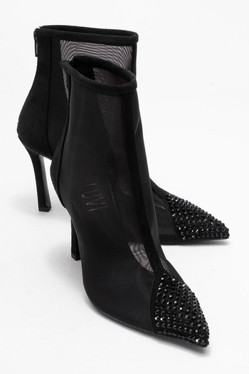 LuviShoes Samuel Black Suede Transparent Mesh Stone Back Zipper Women's Heeled Boots