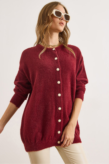Olalook Women's Burgundy Crew Neck Button Detailed Long Beard Cardigan Hrk-19000413
