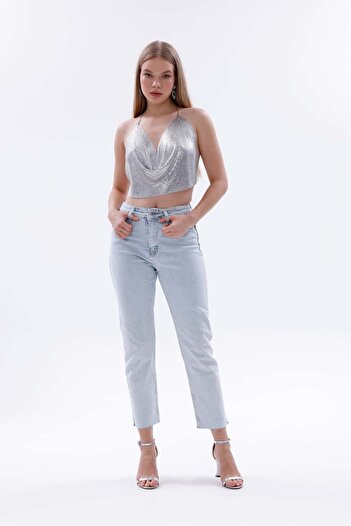 Pulli Collection Işıltılı Taş Detaylı Yüksek Bel Mom Fit Jean Pantolon