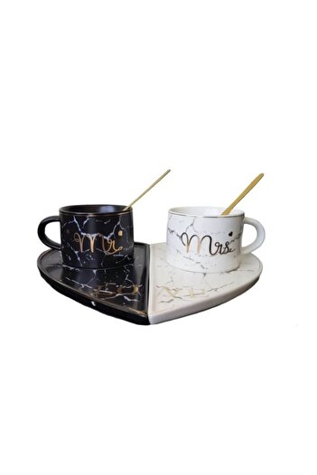 Malooki Set 2 Cups White/Black/Gold with Spoons and Heart-Shaped Plates, Luxury Collection
