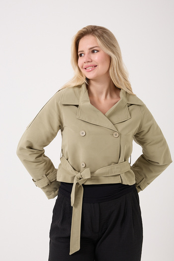 MODAMERSİ Women's Khaki Belted Short Trench Coat