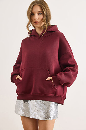 Olalook Women's Burgundy Back Culture Embroidered Raised Oversize Sweatshirt Swt-19000755