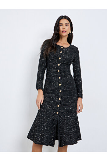 Styli Black Tweed Look Buttoned Midi Dress