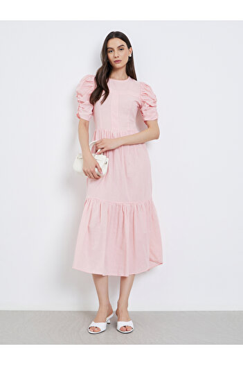 Take Two By Styli Pink Ruched Sleeve A-Line Midi Dress