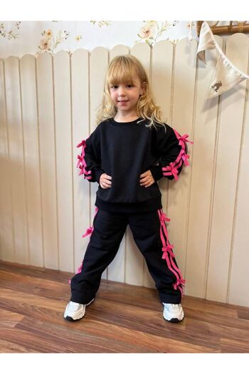 CANSU BUTİK Girl's Black Long Two-Piece Suit with Bow on the Edge