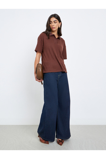 Styli Brown Textured Knit Polo T-Shirt