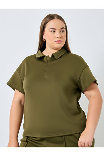 Styli Plus Size Khaki Polo T-Shirt