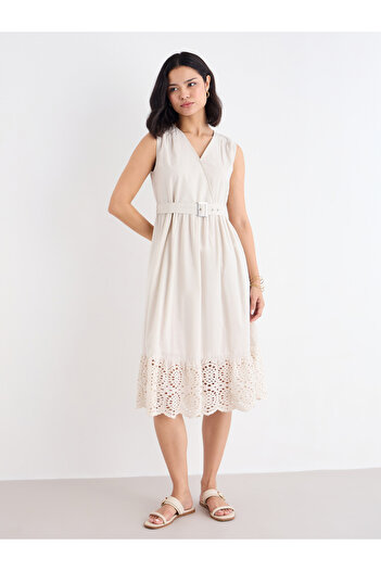 Styli Beige Schiffli Hem Midi Dress