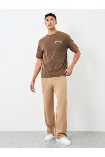 Styli Men Brown Acid Washed Chest Print Oversized T-Shirt