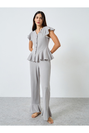 Styli Rib Button Through Peplum Shirt and Pyjama Set