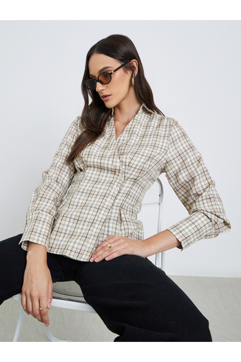 Styli Women Beige Checked Wrap Shirt