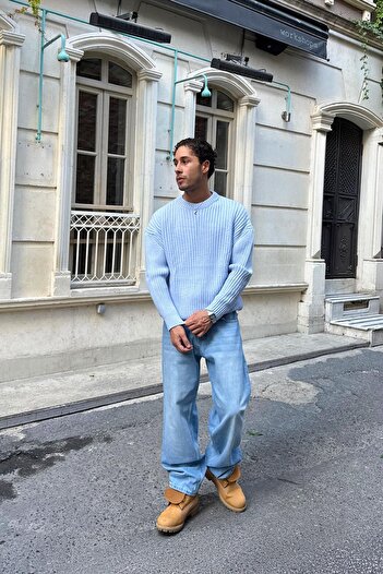 Flaw Wear Yıkamalı Çizgili Buz Mavi Baggy Jean