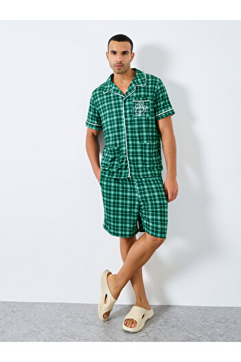 Styli Pocket Embroidered Detail Checked Shirt and Shorts Pyjama Set
