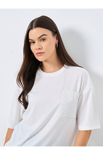 Styli White Studded Pocket Oversized T-Shirt