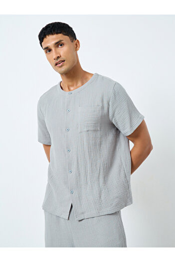 Styli Men Grey Cotton Textured Shirt and Pyjama Set