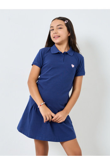 Styli Girls Navy Blue Cotton Polo T-Shirt Dress