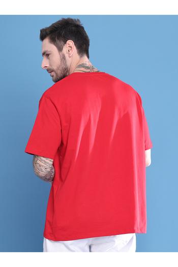 Door74 By Styli Men Red Graphic Print Oversized T-Shirt