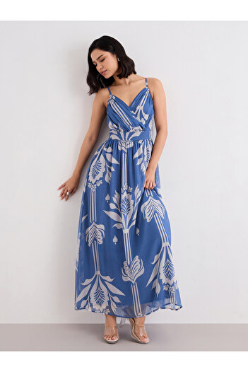 Styli Blue Floral Print Strappy Maxi Dress