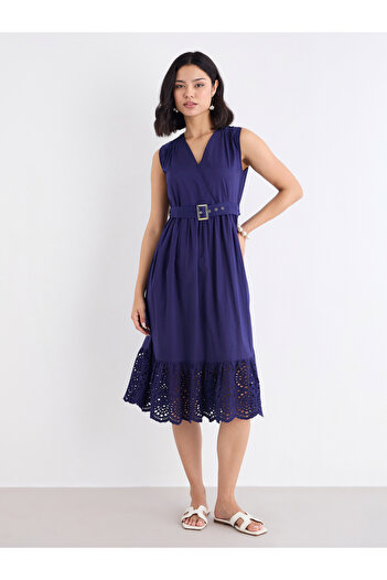 Styli Navy Blue Schiffli Hem Midi Dress