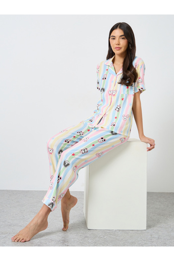 Take Two By Styli Pack of 3 - Graphic Striped Cotton Shirt, Shorts and Pyjama