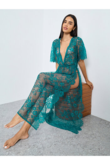 Styli Floral Pattern Lace Maxi Slip Dress with Thigh High Slit and Brief