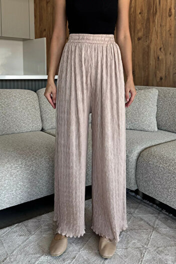 julude Beige Self-Patterned Wide-Leg Trousers (Available in S, M, L, XL)