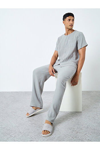 Styli Men Grey Cotton Textured Shirt and Pyjama Set