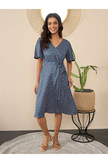 Stylestone By Styli Blue Polka Dot Print Wrap Knee Length Dress