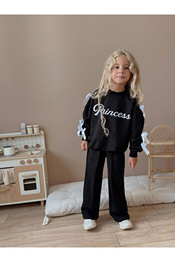 WİKİBOOM Girl's Princess Printed Top and Bottom Long Set Black (5-E)