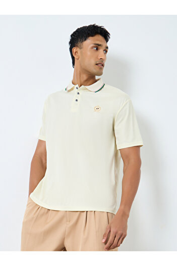 Styli Men Cream Embroidered Polo T-Shirt