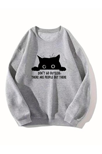 Le Savu Sevunera Black Cat Printed Gray Color Crew Neck Sweatshirt