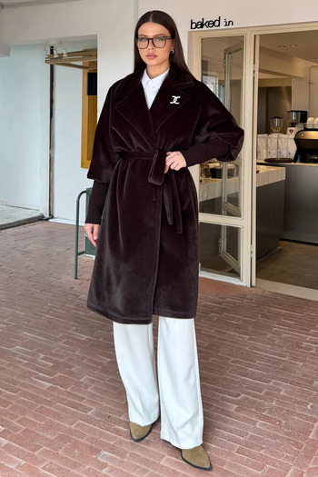 julude Dark Brown Women's Water Brushed Belted Cashmere Coat