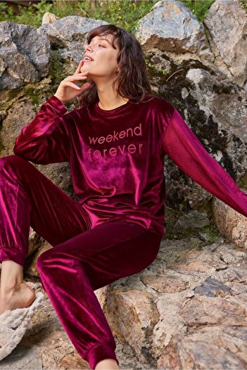 Aydoğan Women's Red Long Sleeve Velvet Winter Pajamas Set
