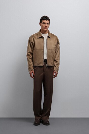 Antioch Beige Zippered Faux Suede Men's Coat