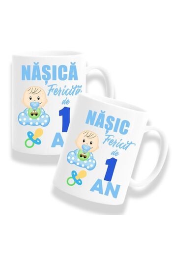 OEM Set 2 personalized mugs for godparents with message: "Happy Godfather of 1 year, Happy Godmother of