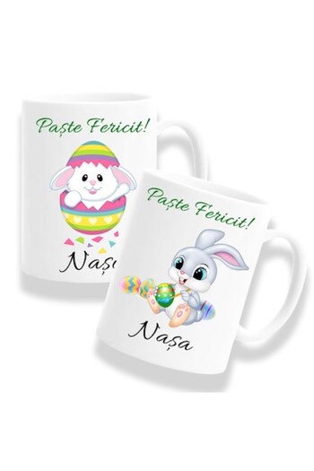 OEM Set 2 personalized mugs for Godparents with message: 'Happy Easter', Betaprint, 330ml, white, cerami