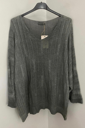 AYASOFYA OTANTIK Women's Italian Anthracite V-Neck Batwing Sleeve Stripe Patterned Loose Knitwear Blouse