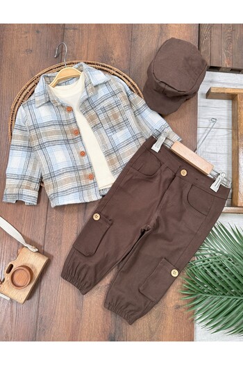 BEBENDY 4-Piece Baby Boy/Child Set with Lumberjack Shirt, Hat, Badge, and Cargo Pants