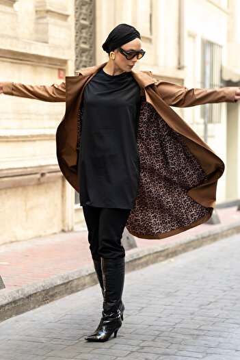 dilber fashion Leopard Detailed Trench Coat with Leopard Bag Gift and Tie