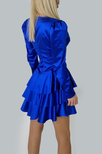 FashionForYou Claire satin dress, with ruffles and slightly puffed long sleeves, Royal Blue, Size S/M