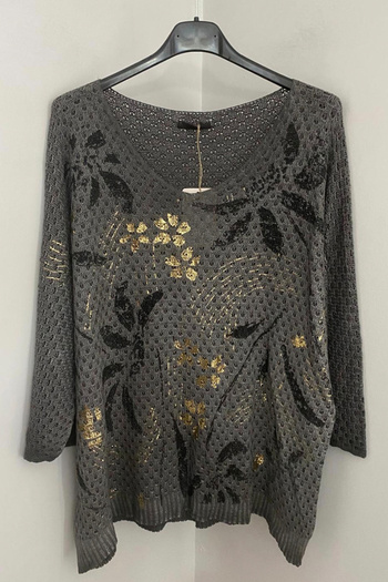 AYASOFYA OTANTIK Women's Italian Dark Gray V-Neck Batwing Sleeve Glitter Leaf Pattern Loose Mesh Knitwear Blouse
