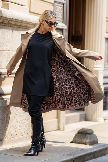 dilber fashion Leopard Detailed Trench Coat with Leopard Bag Gift and Tie