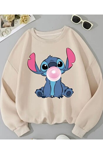 herkesemoda Crew Neck Sweatshirt with Print Detail and Fleece Inside
