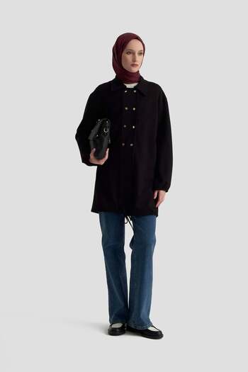 Armine 25Kt422 Black Women's Shirt Collar Tunic with Elasticated Hem and Snap Fasteners