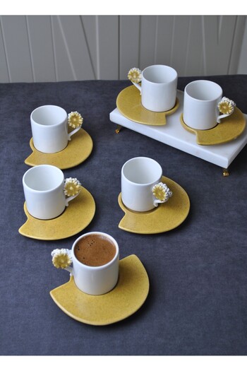 Qualitev 6-Person 12-Piece Ceramic Floral Coffee Cup 100 ml Turkish Coffee Cup Set