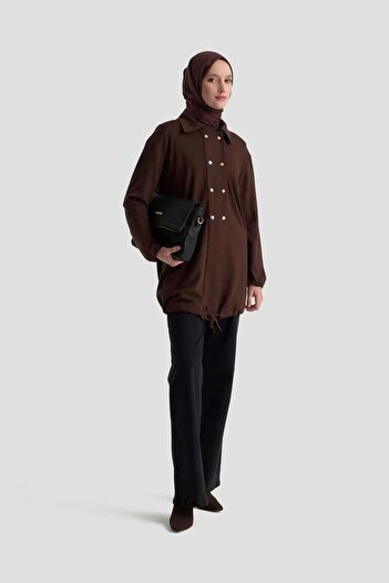 Armine 25Kt422 Brown Women's Tunic with Elastic Hem and Snap Buttons, Shirt Collar