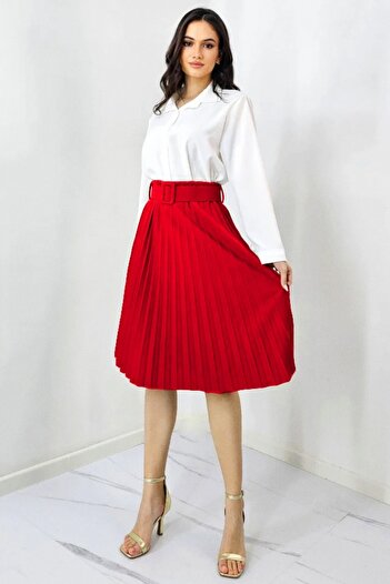 FashionForYou Carmen elegant pleated skirt, matching belt included, Red, Size S/M
